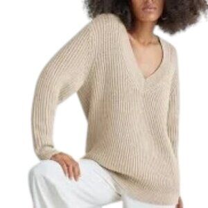 Aritzia Babaton Cream Roger V-neck Ribbed Sweater 100% Merino Wool Size L